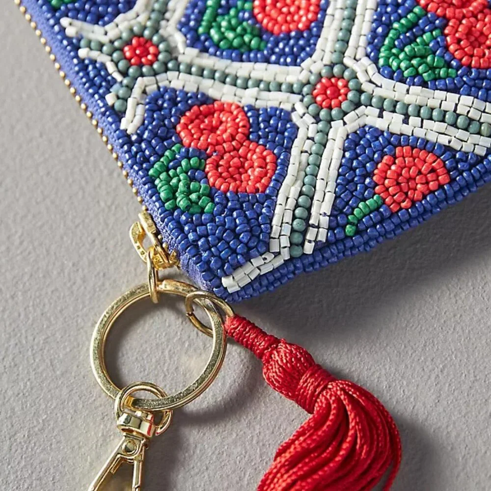 Anthropologie CHERRIES Beaded Coin Purse: Lucky Icons Edition blue red Gift Card